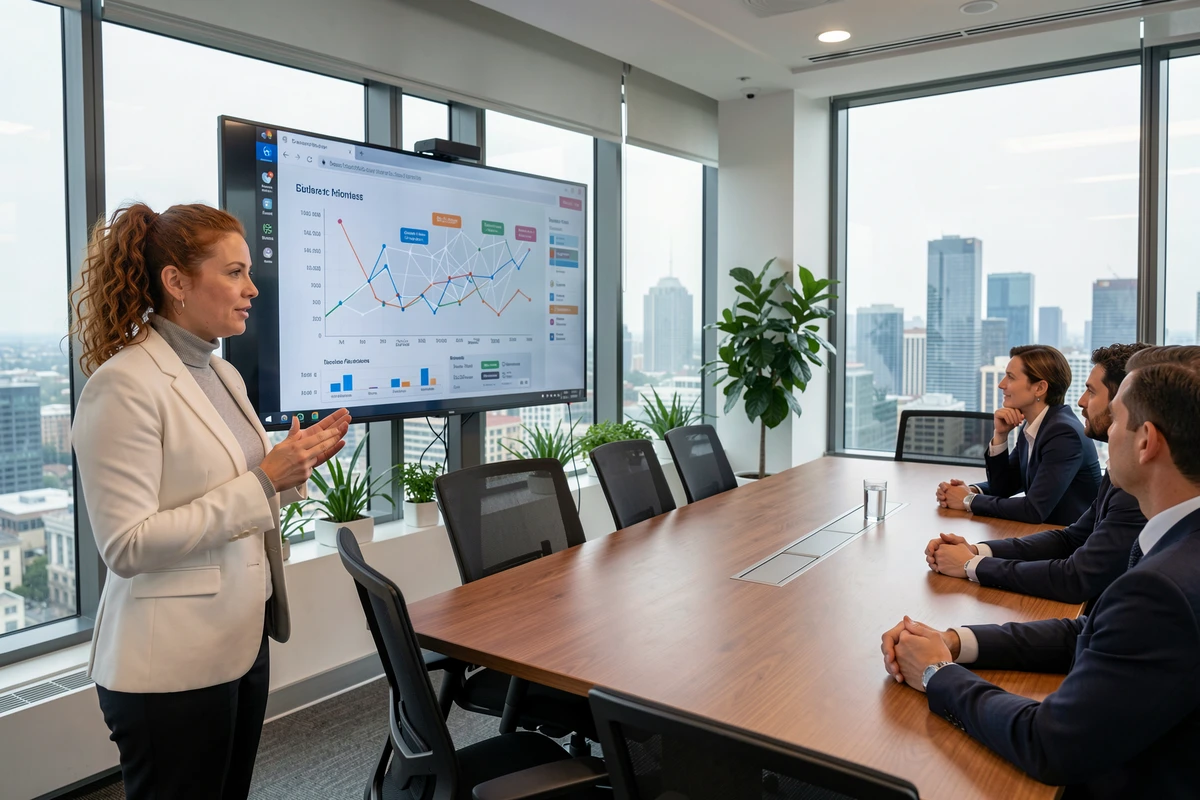 Femme présentant un standard technologique lors d'une conférence d'entreprise