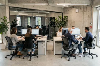 Vue d'ensemble d'un bureau informatique moderne à Toulouse avec des professionnels travaillant sur des postes informatiques