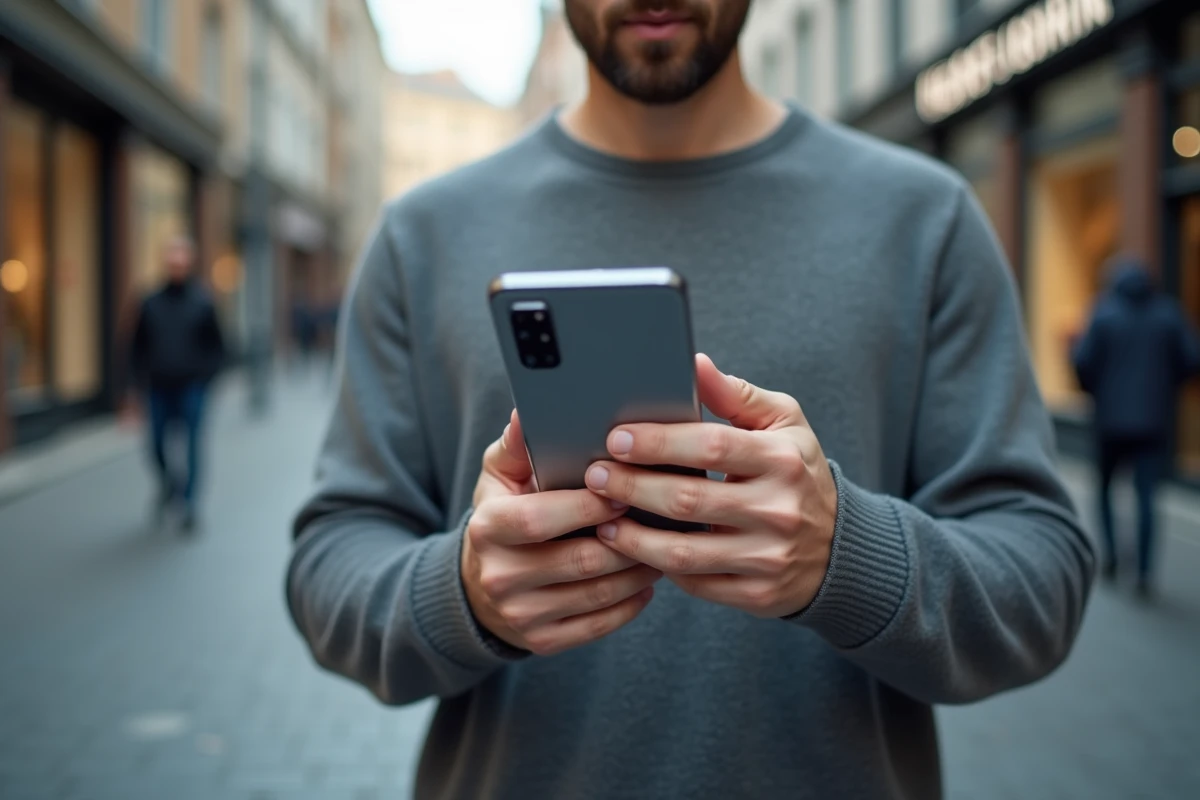 Homme tenant un Google Pixel 8 Pro en main dans un environnement urbain montrant le module photo arrière