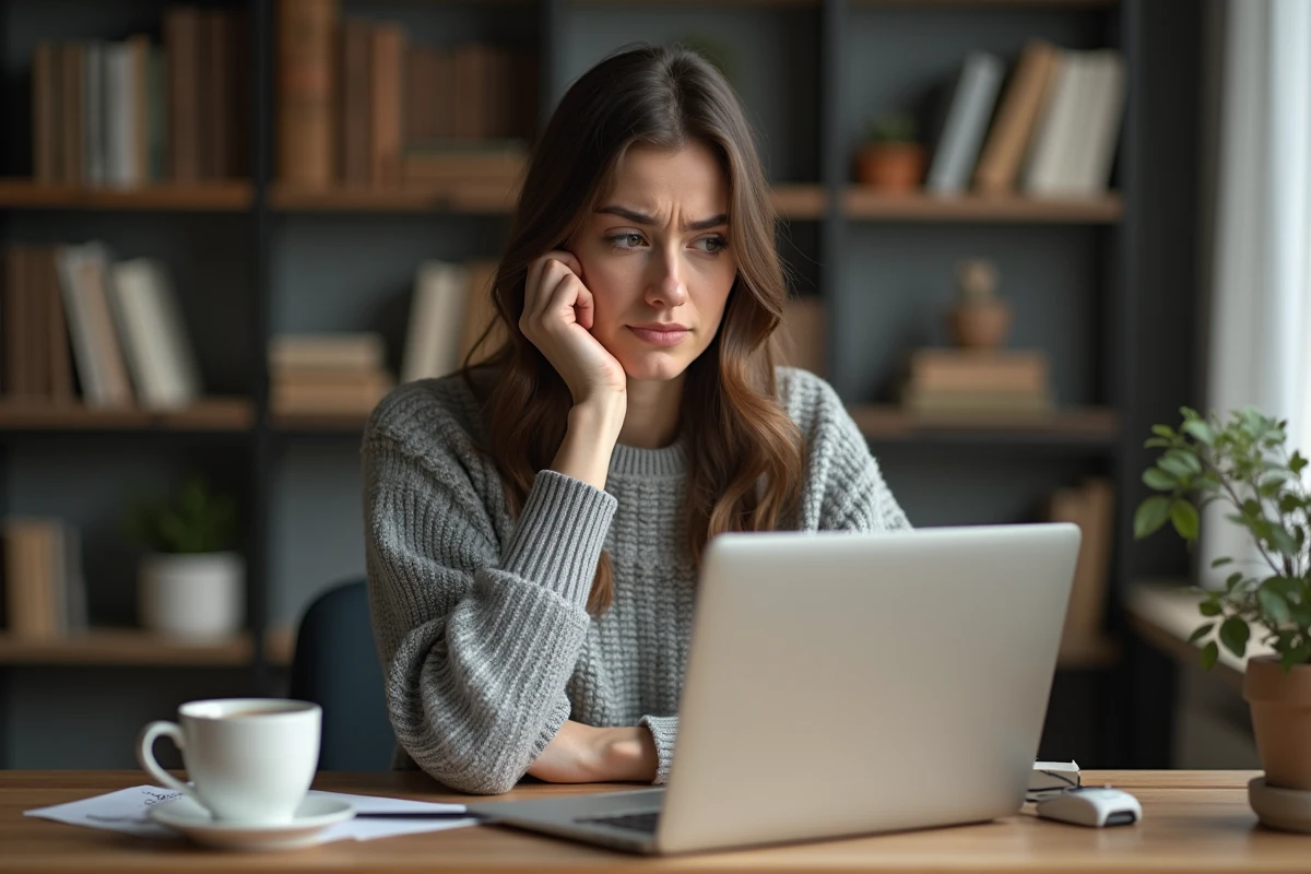 Femme frustrée face à un problème sur un site de musique en ligne depuis son bureau à domicile