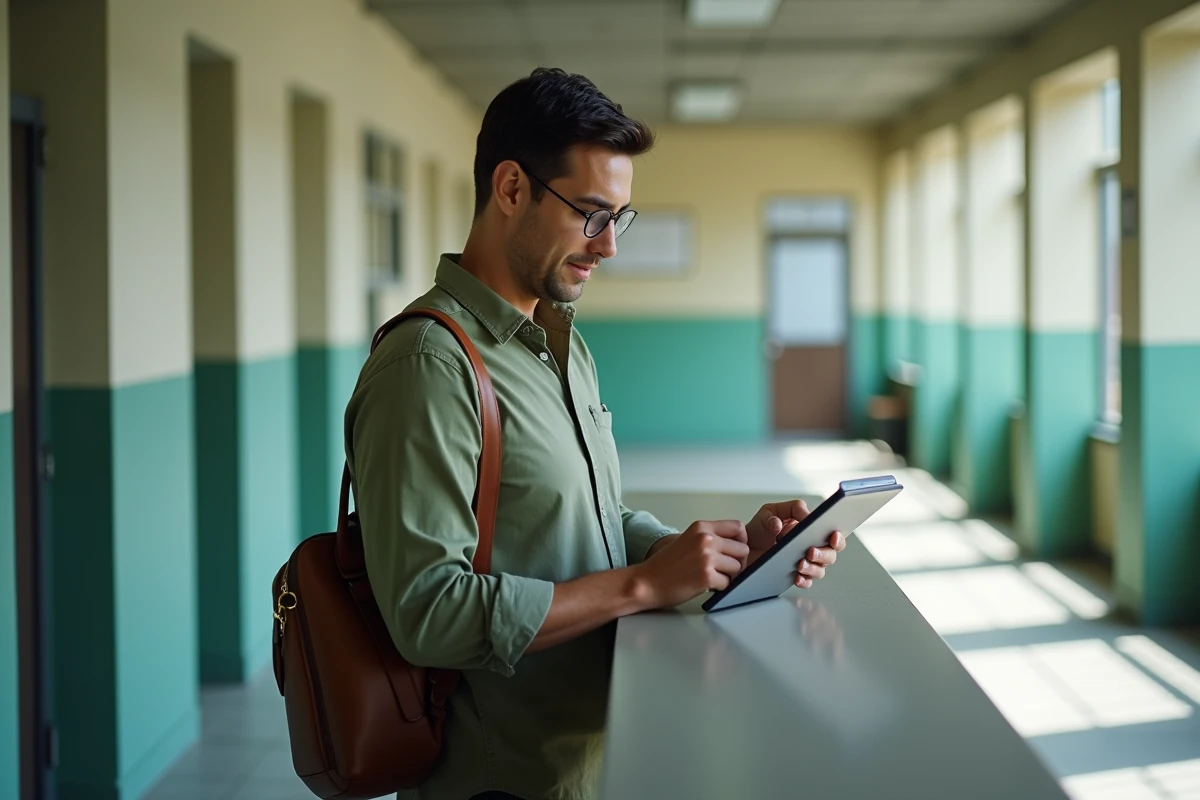 Professeur consultant sa messagerie académique Nantes sur une tablette dans un couloir d'école