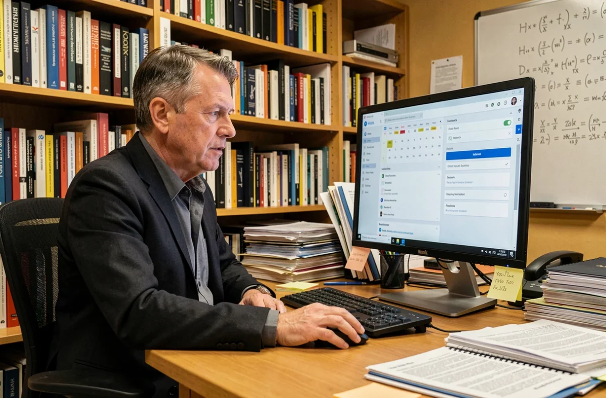 Professeur d'école polytechnique travaillant sur l'interface webmail Zimbra dans son bureau académique encombré