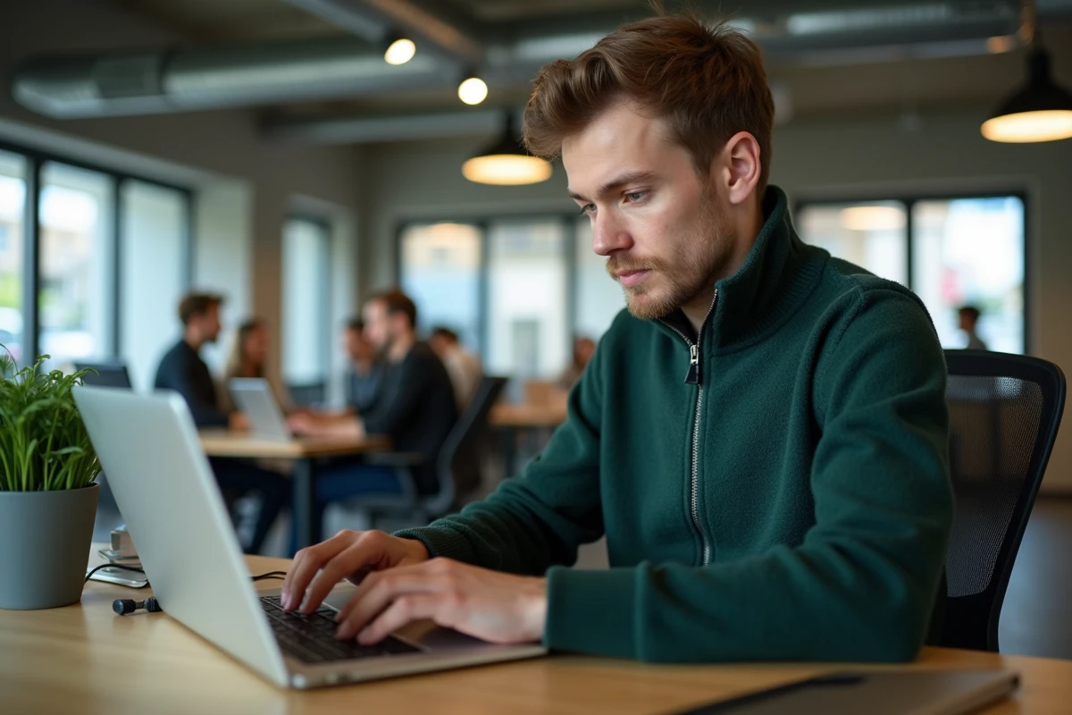 Professionnel en espace de coworking utilisant une clé de sécurité physique pour accéder à Webmail HCL en toute sécurité