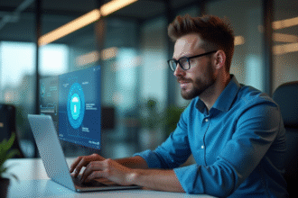 Homme IT concentré sur tableau de bord de sécurité cloud