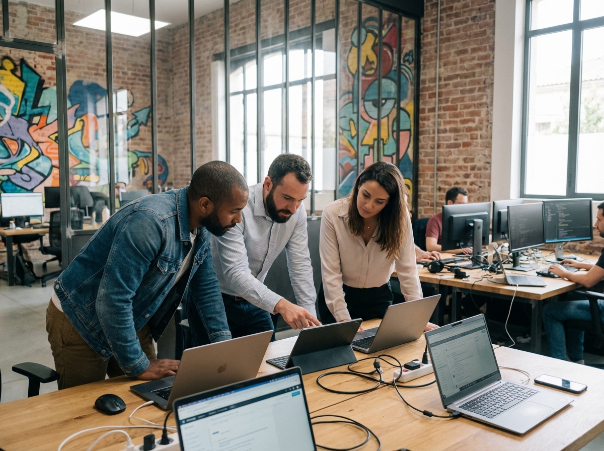 Groupe de professionnels IT dans un espace de coworking à Montpellier