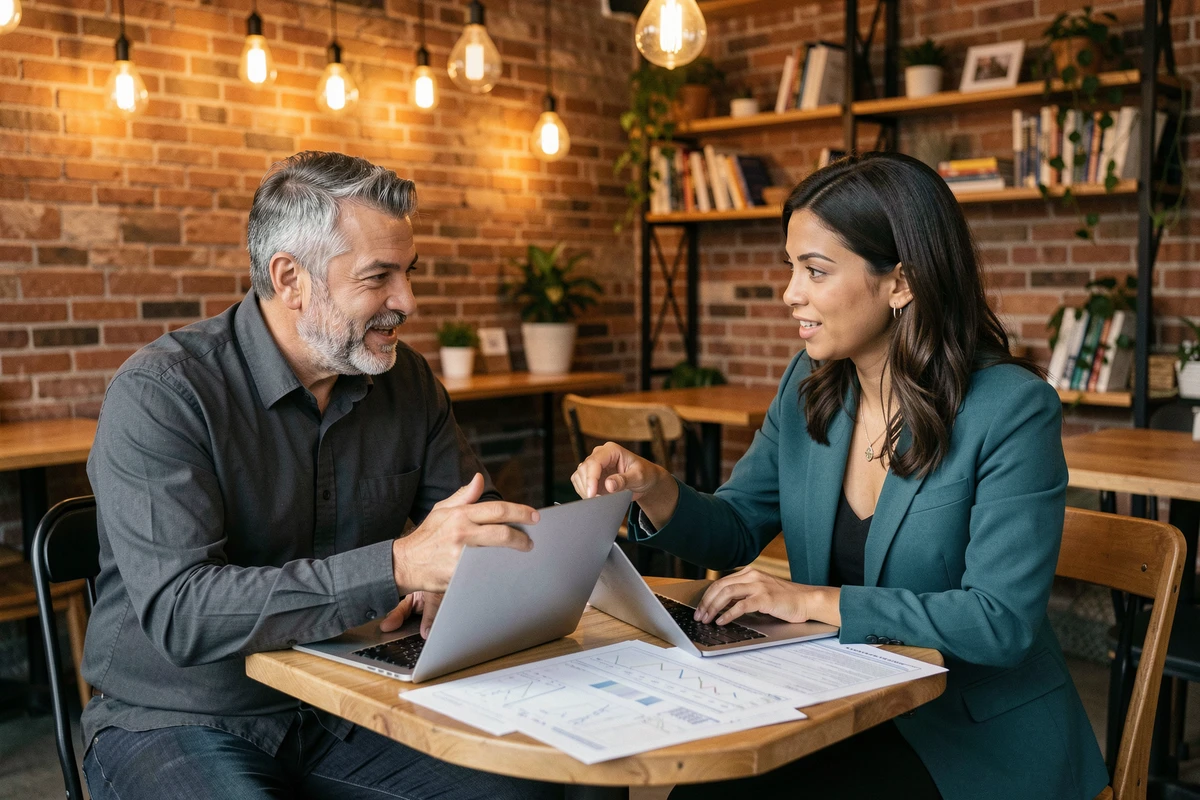 Deux professionnels discutant d'un standard technologique dans un espace de coworking