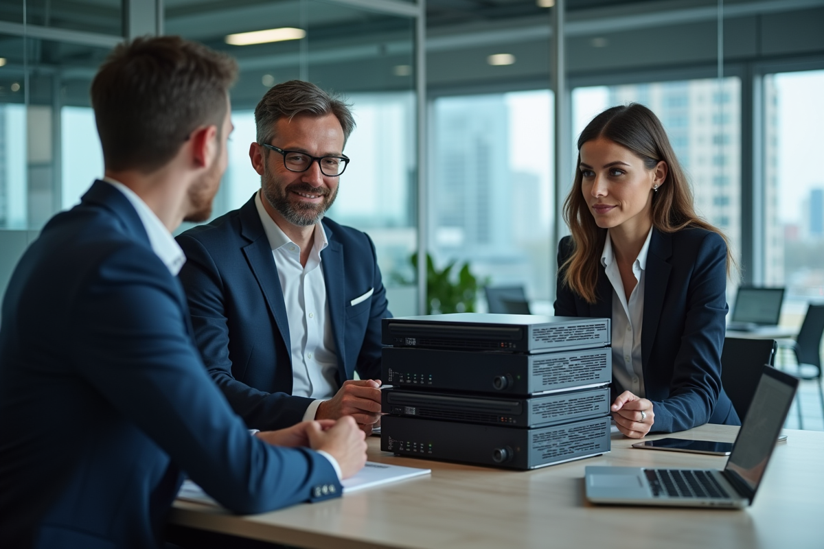 Groupe de professionnels autour de serveurs edge modernes