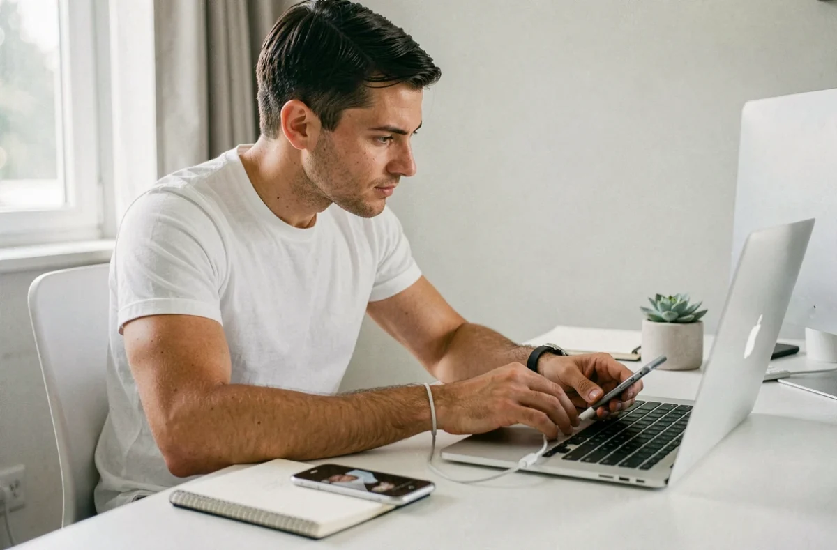Homme connectant son iPhone à un MacBook pour récupérer des vidéos et photos perdues