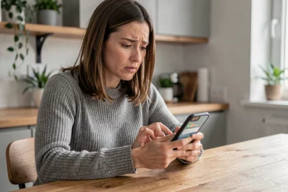 Femme consultant son iPhone à une table en bois pour récupérer des photos supprimées