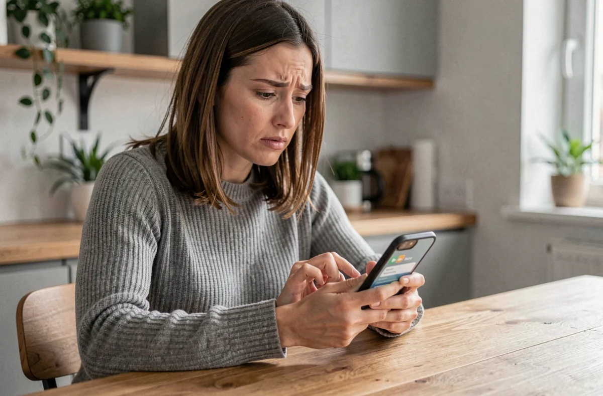 Femme consultant son iPhone à une table en bois pour récupérer des photos supprimées