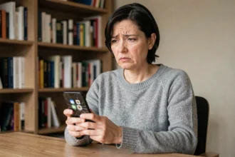 Femme inquiète tenant un iPhone à écran fissuré avec des photos supprimées, assise à un bureau en bois dans un bureau à domicile moderne