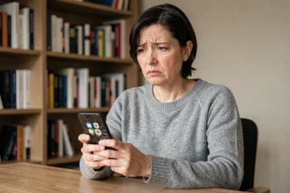 Femme inquiète tenant un iPhone à écran fissuré avec des photos supprimées, assise à un bureau en bois dans un bureau à domicile moderne