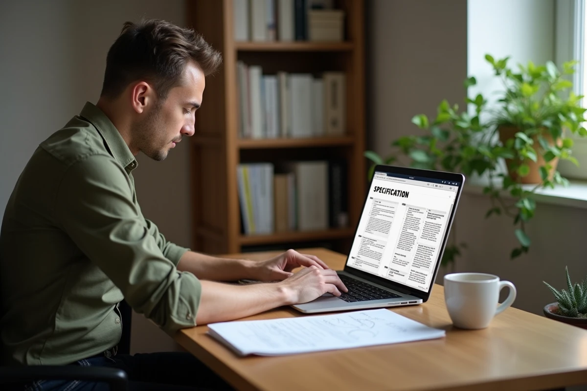 Homme travaillant seul sur un cahier des charges structuré avec carte mentale imprimée dans un bureau à domicile minimaliste