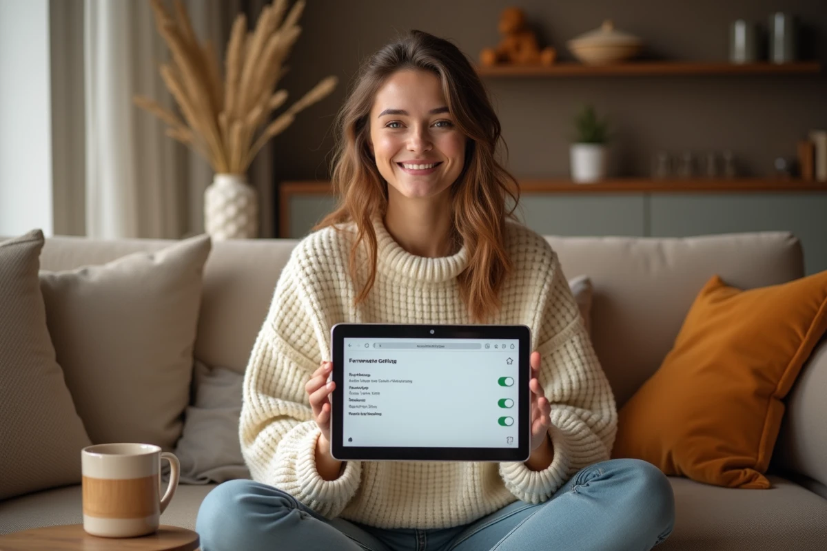 Jeune femme configurant le renvoi d'e-mails sur une tablette depuis son salon, interface messagerie visible à l'écran