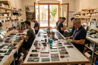 Atelier de réparation de smartphones en Provence-Alpes-Côte d'Azur avec techniciens au travail