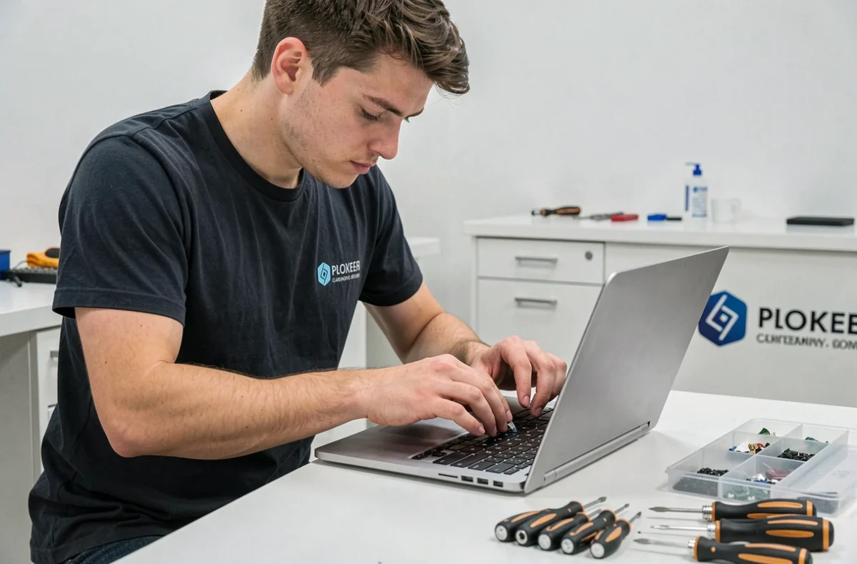 Technicien remplaçant l'écran d'un ordinateur portable dans un atelier de réparation informatique