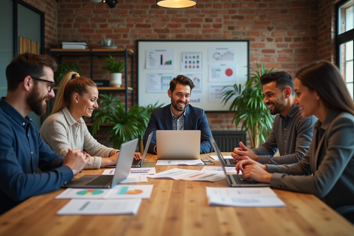 Equipe diverse en réunion autour de rapports numériques