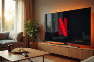 Salon cosy avec grand écran Netflix et popcorn