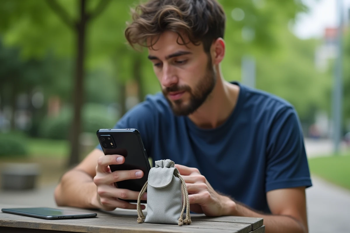Homme évaluant un Samsung Galaxy A35 5G sur un banc en bois dans un parc urbain