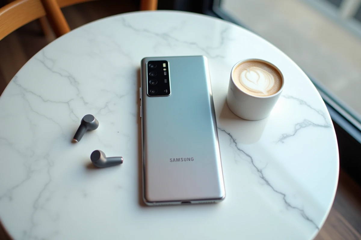 Samsung Galaxy A35 5G posé sur une table en marbre blanc avec des écouteurs sans fil dans un café
