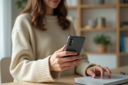 Femme tenant un Samsung Galaxy A35 5G dans un appartement moderne, vue rapprochée du smartphone