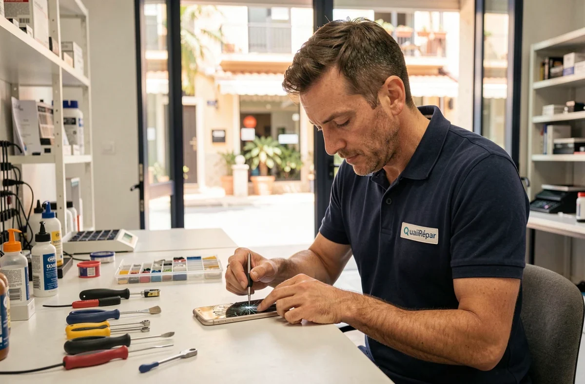 Technicien de Save à Nice réparant un smartphone avec le label QualiRépar visible