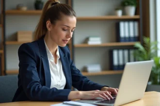 Femme universitaire sécurisant sa messagerie académique mail ac Montpellier sur un ordinateur portable dans un bureau moderne