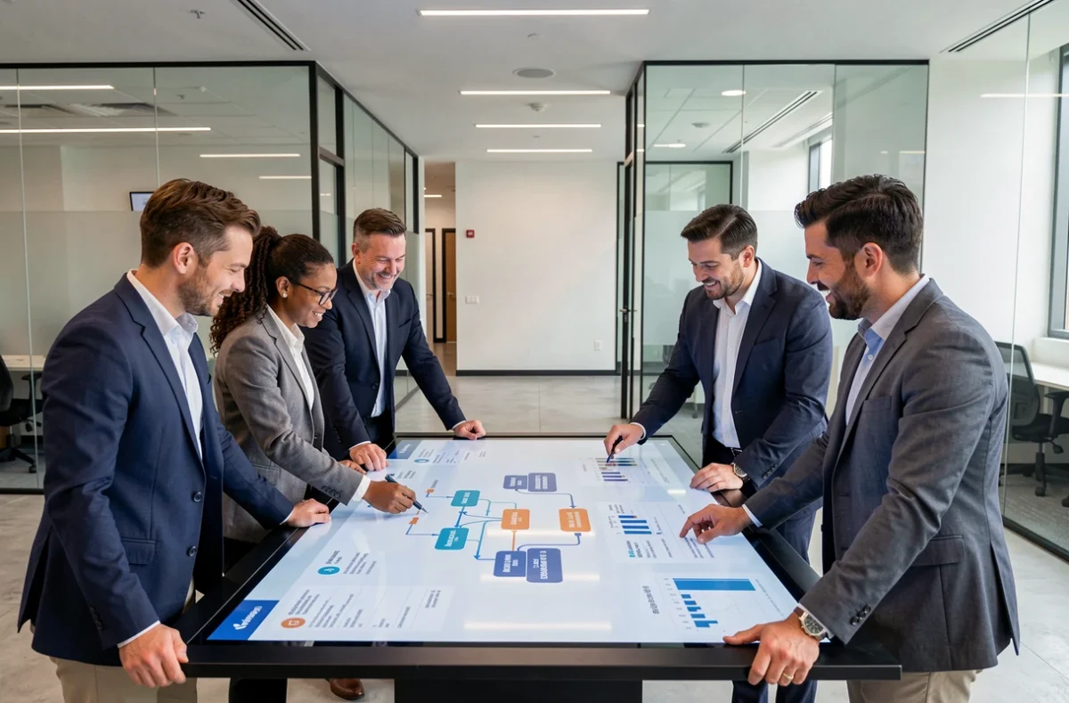 Équipe de consultants IT discutant d'un projet de transformation numérique autour d'une table tactile interactive