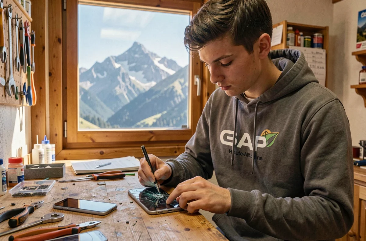 Technicien de SOS Phone Gap réparant un smartphone dans les Hautes-Alpes avec vue sur les montagnes