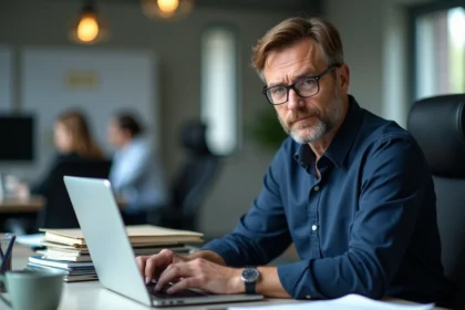 Homme informatique concentré sur son ordinateur dans un bureau universitaire