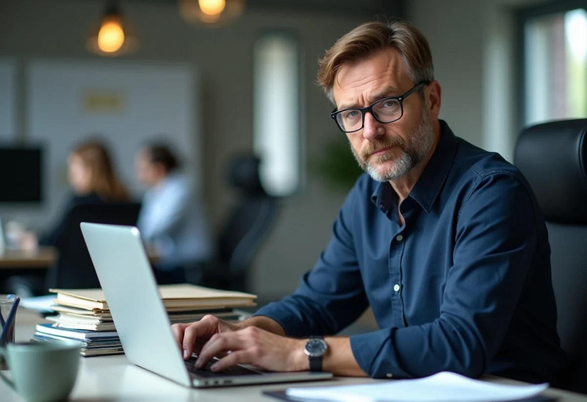 Homme informatique concentré sur son ordinateur dans un bureau universitaire