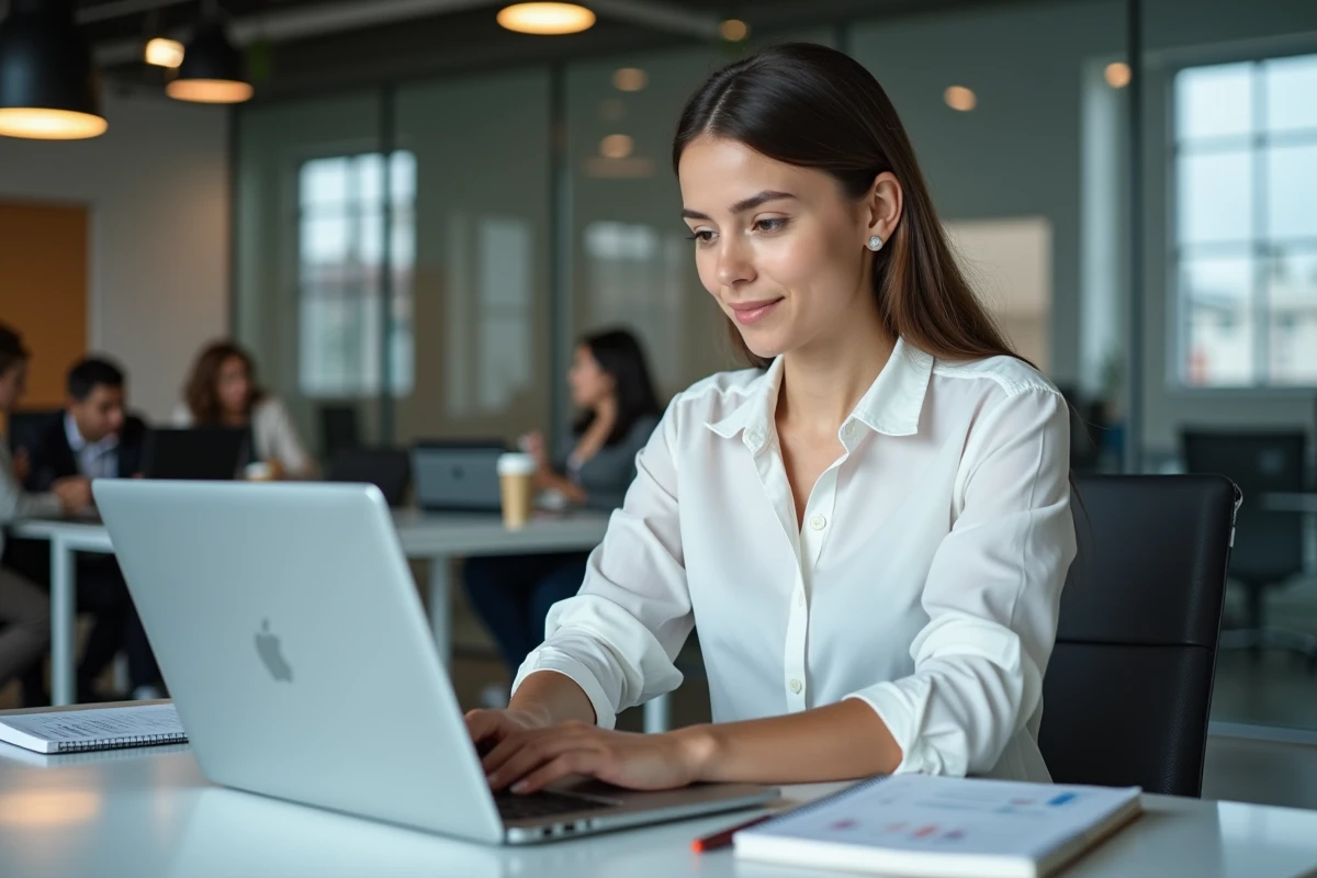 Femme travaillant sur une stratégie de monétisation de trafic web dans un espace de co-working moderne