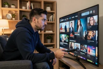 Homme regardant une interface de streaming américaine sur sa télévision depuis son salon moderne