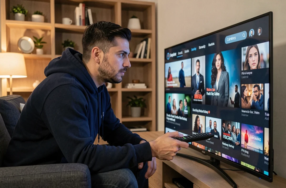 Homme regardant une interface de streaming américaine sur sa télévision depuis son salon moderne