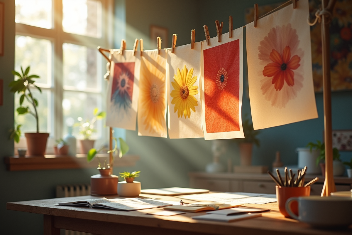 Studio lumineux avec impressions sèchant sur fils et lumière naturelle