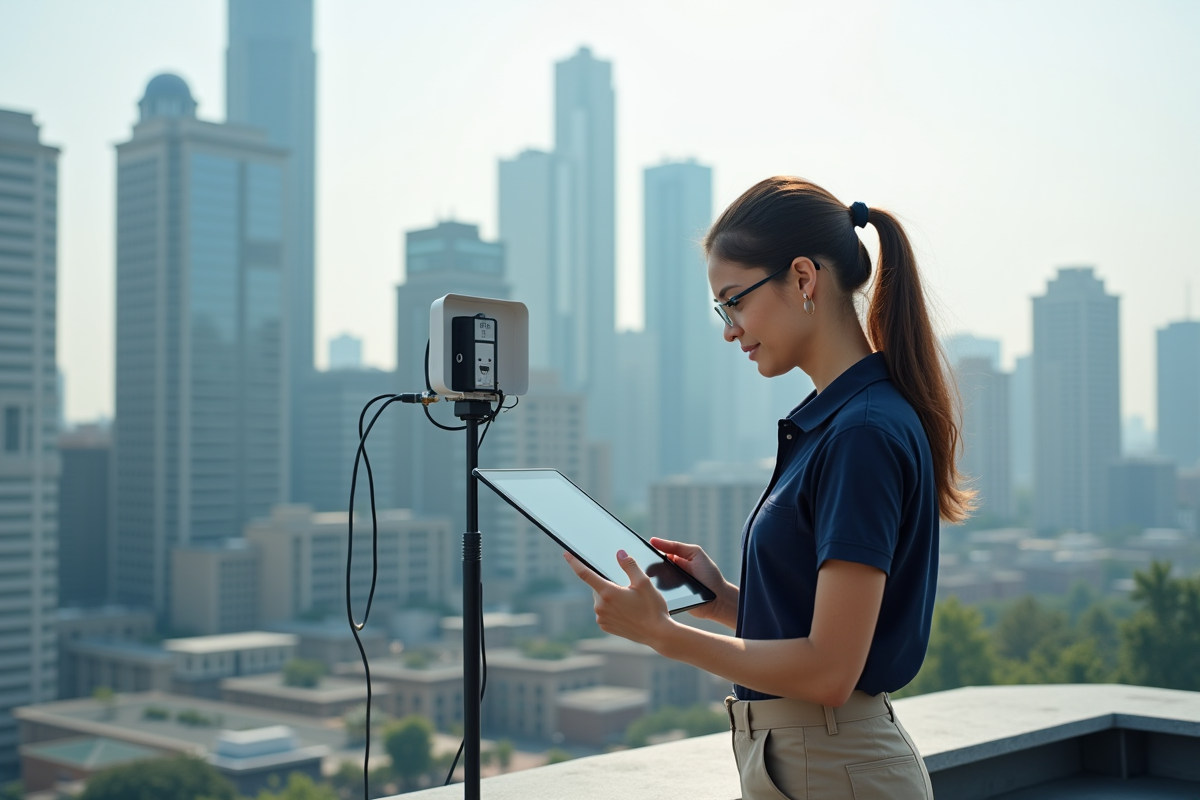 Jeune technicienne inspectant une antenne 5G sur un toit urbain