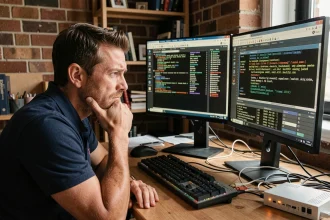 Technicien informatique frustré face à des erreurs DNS sur un double écran dans un bureau à domicile