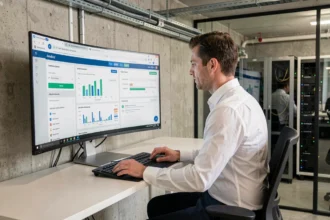 Technicien informatique français consultant un tableau de bord d'hébergement web professionnel dans un bureau moderne