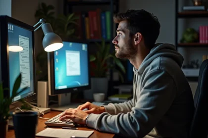 Technicien informatique devant un ancien ordinateur Windows dans un bureau à domicile