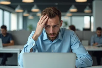 Technicien informatique frustré devant un écran d'erreur sur l'intranet académique au bureau