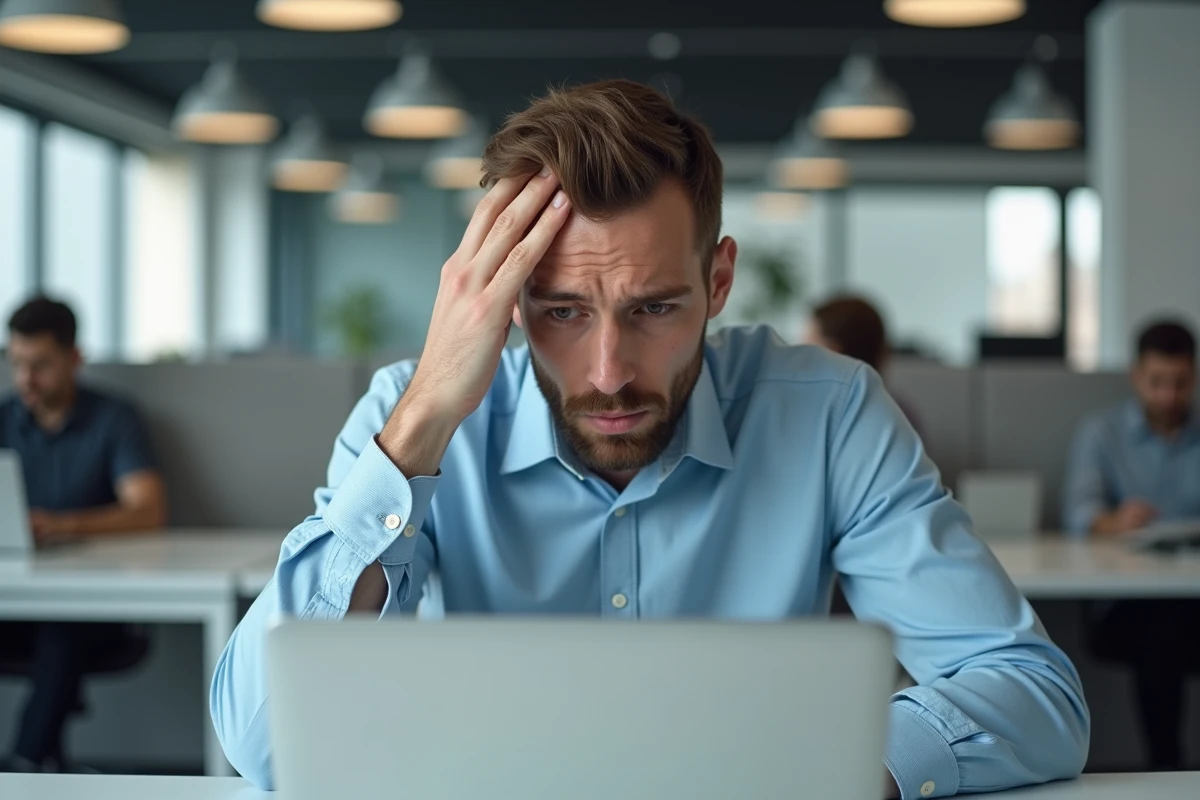 Technicien informatique frustré devant un écran d'erreur sur l'intranet académique au bureau