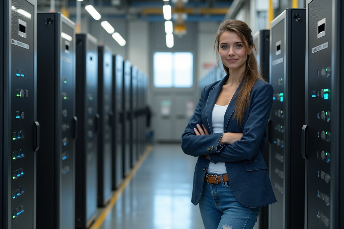 Jeune technicienne IT près d’un rack de matériel edge