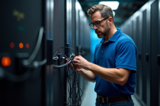 Technicien réseau dans un centre de données avec câbles enchevêtrés