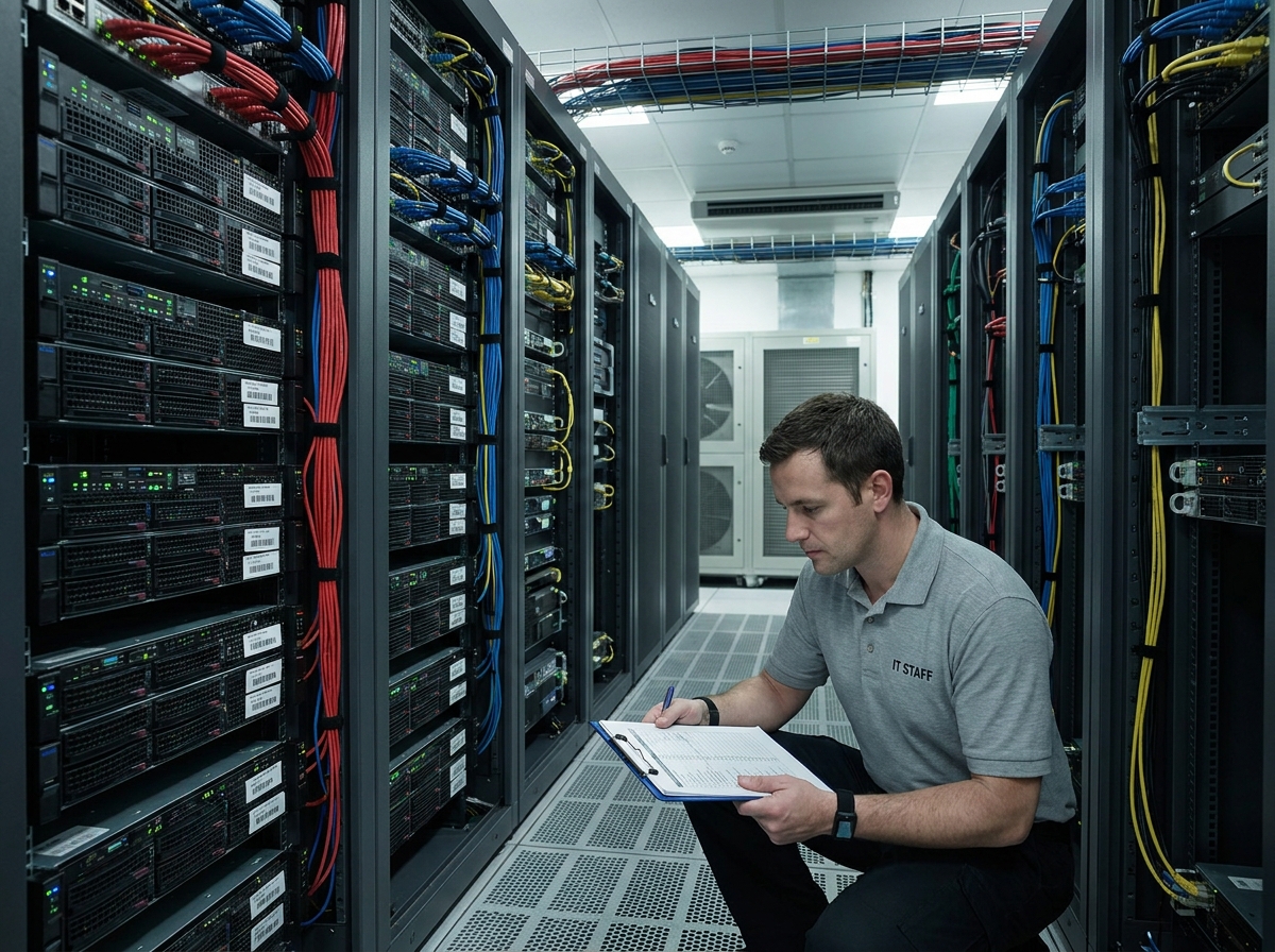 Technicien informatique inspectant des serveurs en rack dans une salle des serveurs pour choisir un hébergeur fiable