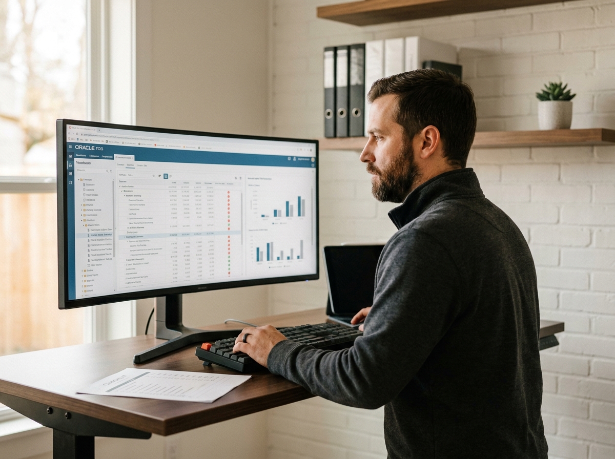 Professionnel en télétravail gérant la clôture financière sur une interface de consolidation Oracle FCCS depuis un bureau à domicile