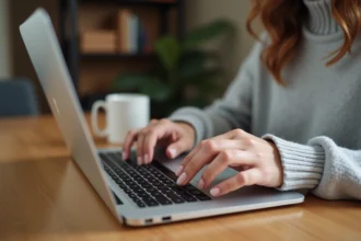 Femme appuyant sur la touche Shift d'un clavier de laptop argenté posé sur un bureau en bois dans un bureau à domicile