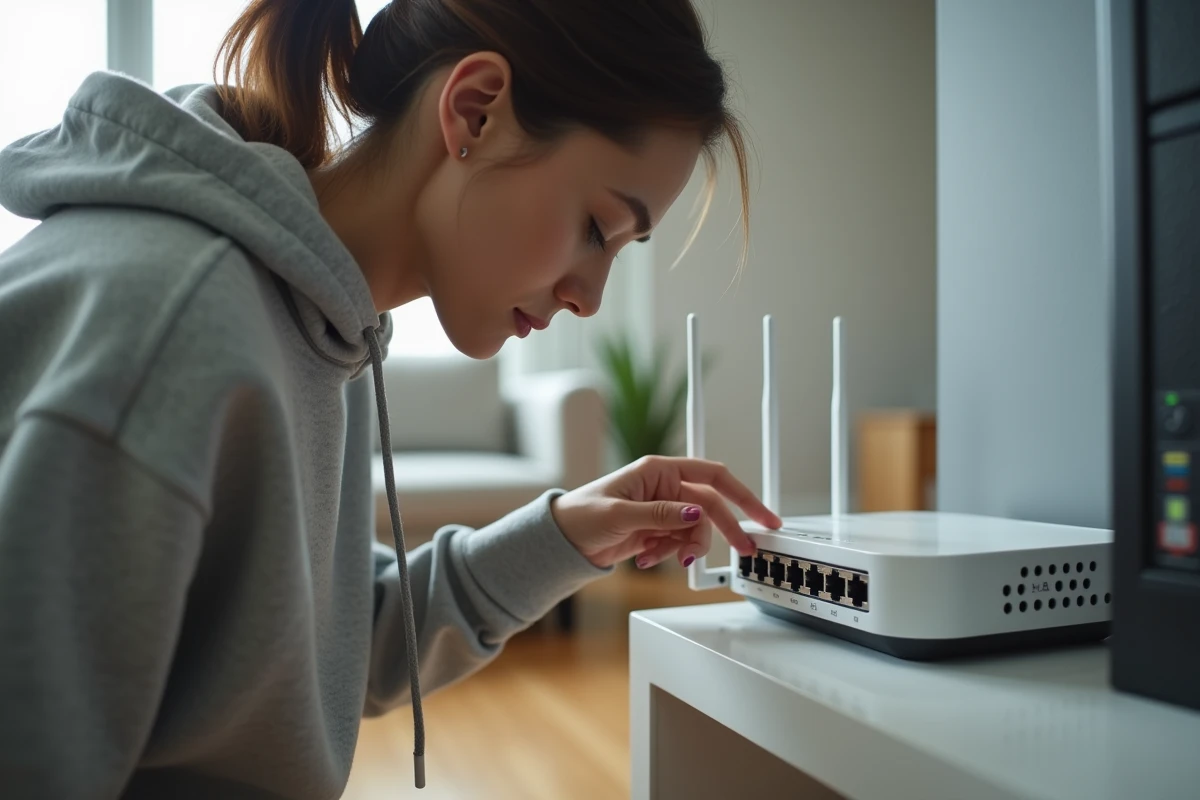 Femme vérifiant les ports et étiquettes d'un routeur box internet pour diagnostiquer un problème de connexion réseau