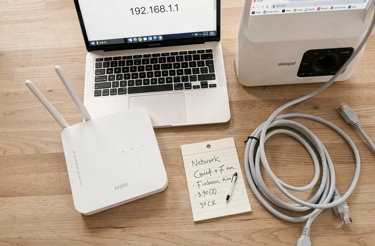 Vue aérienne d'un bureau minimaliste avec un routeur WiFi, un ordinateur portable affichant l'adresse IP 192.168.1.1 dans un navigateur et des notes manuscrites sur les paramètres réseau