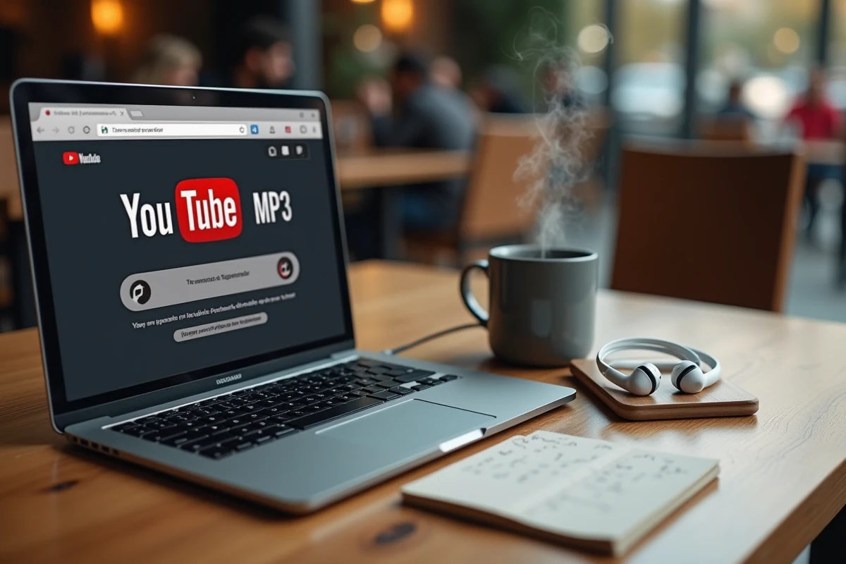 Vue de dessus d'un bureau de café avec un convertisseur YouTube MP3 ouvert sur un ordinateur portable et des écouteurs