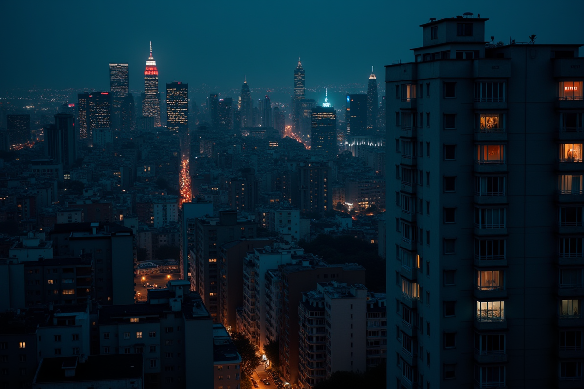 Ville la nuit avec fenêtres illuminées et logo Netflix
